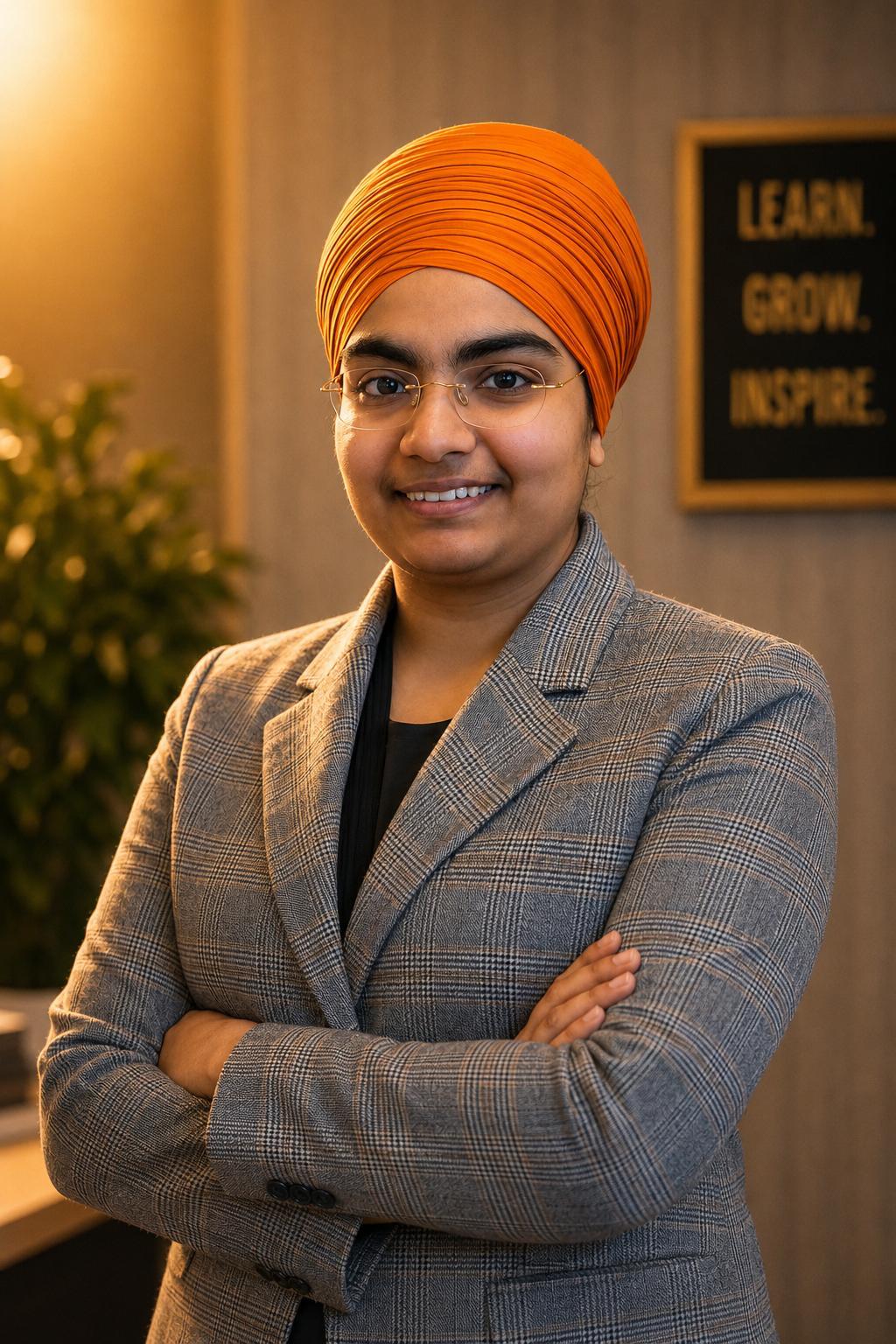 Manpreet Kaur — LLQP Licensed Financial Professional, orange turban, gray blazer, holding Learn Grow Inspire sign