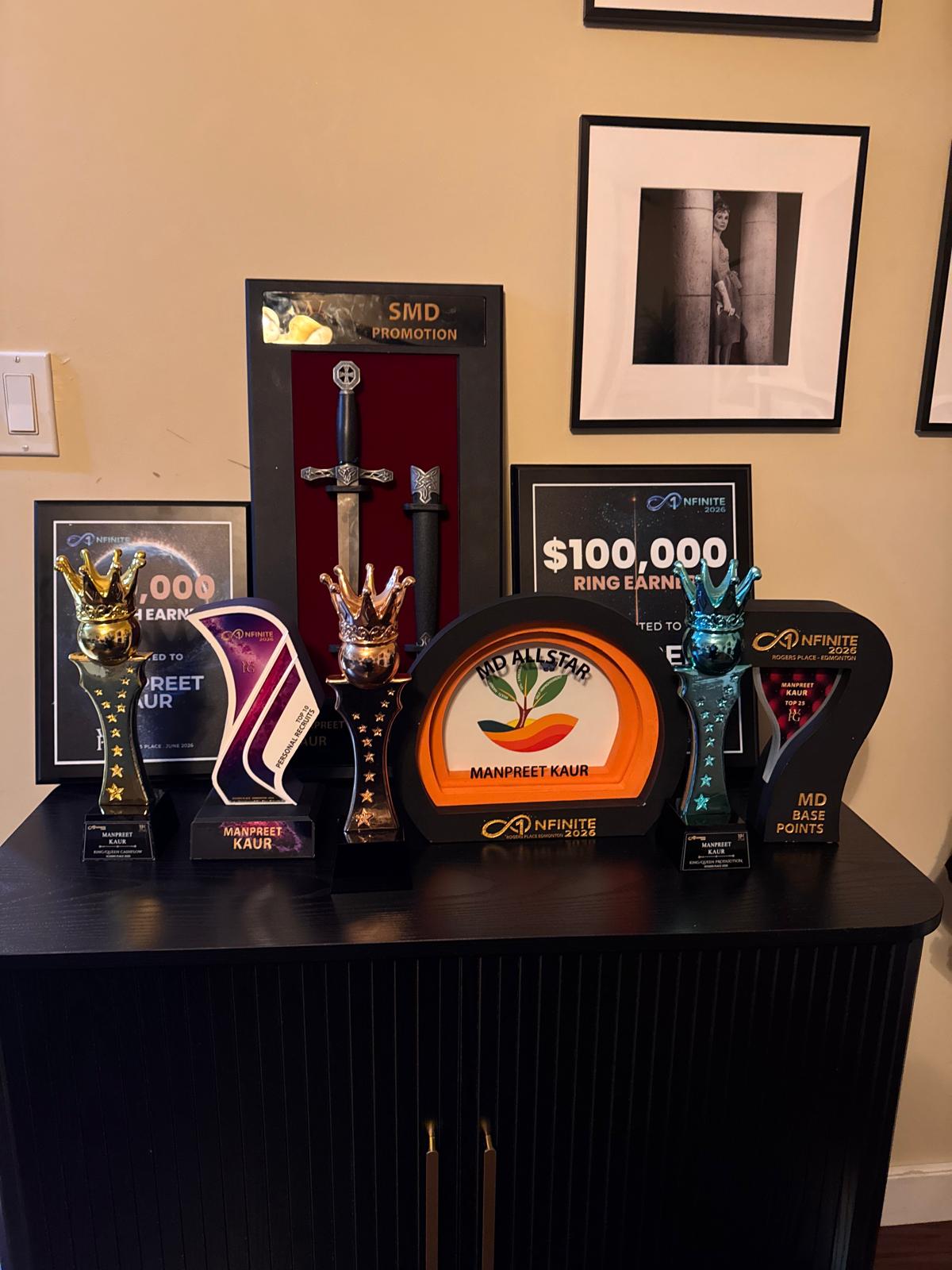 The full awards collection — including the $100,000 Ring Earned recognition, SMD Promotion sword, MD All Star plaque, and multiple leadership trophies
